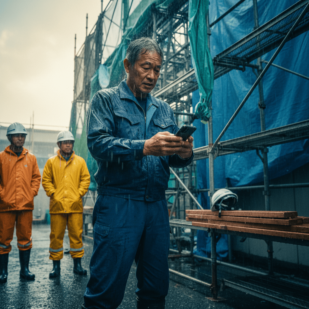 早朝、雨が降る現場の前。スマホを濡れた手で操作しながら困った表情。職人2人がカッパで待っている。