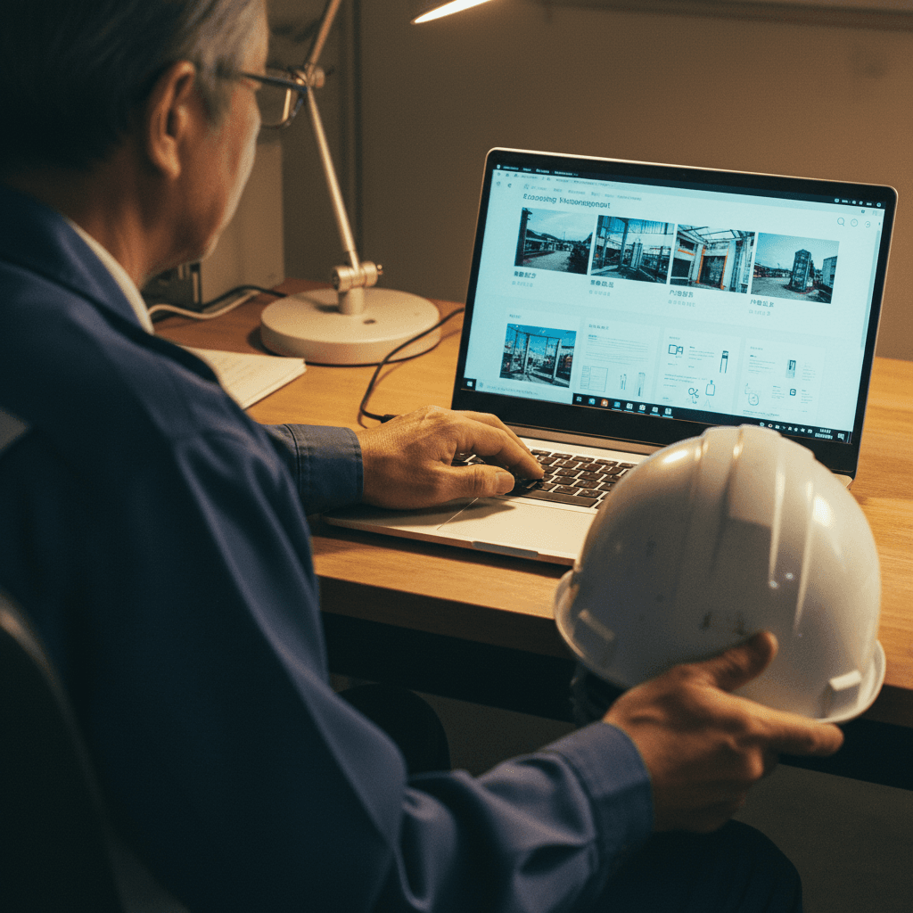 画面で、現場写真が時系列・施工段階別に自動分類され、安全書類の下書きが生成される。