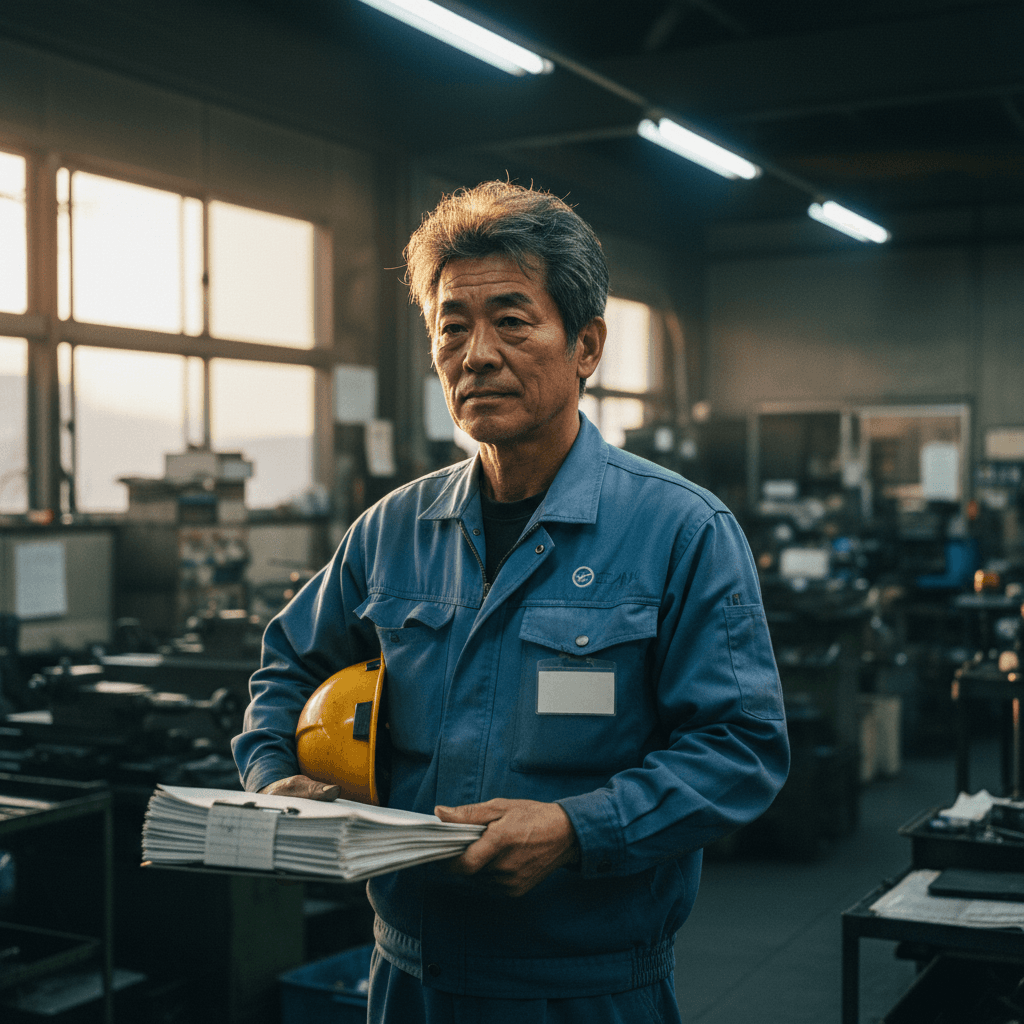 夕方、シフト終了後の工場事務所。鈴木部長が紙の作業日報を山ほど抱えてデスクに戻ってくる。