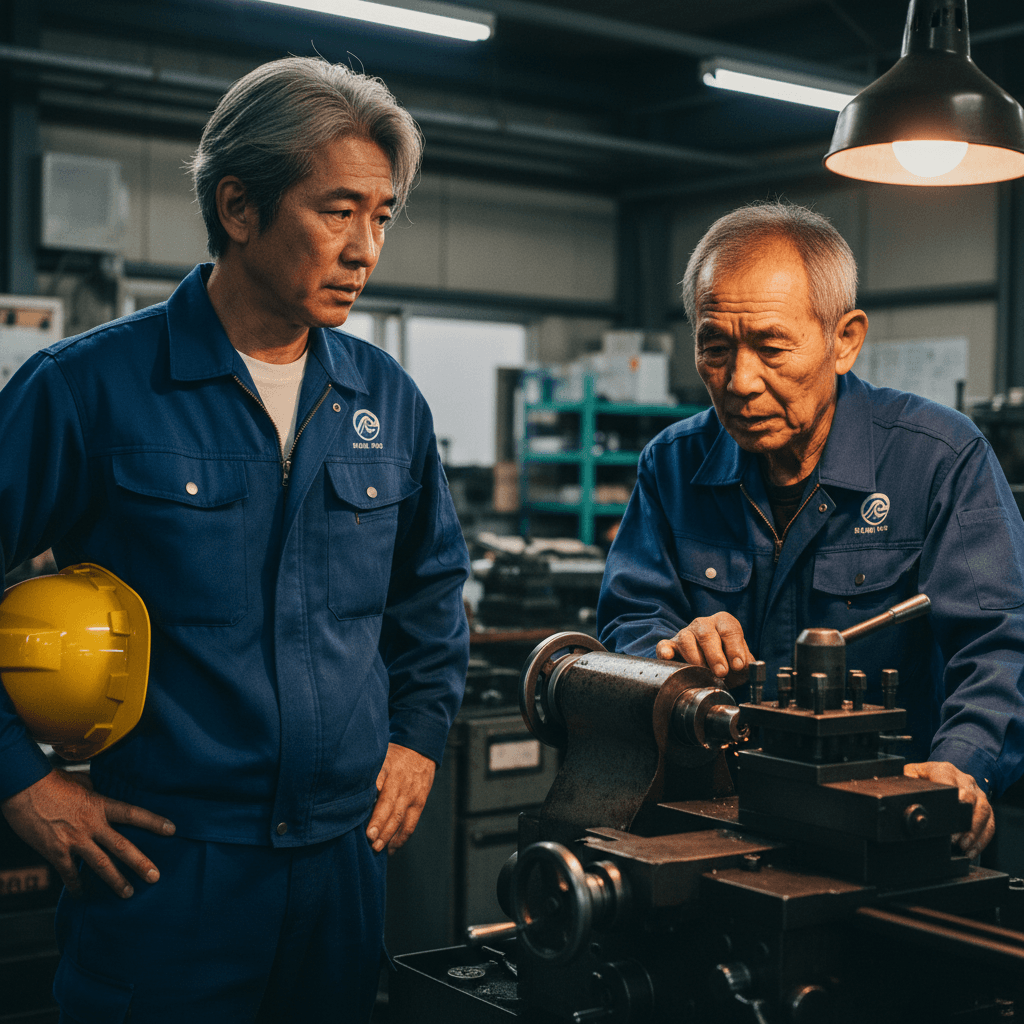 工場内、機械を操作する70代のベテラン職人を見つめる鈴木部長。