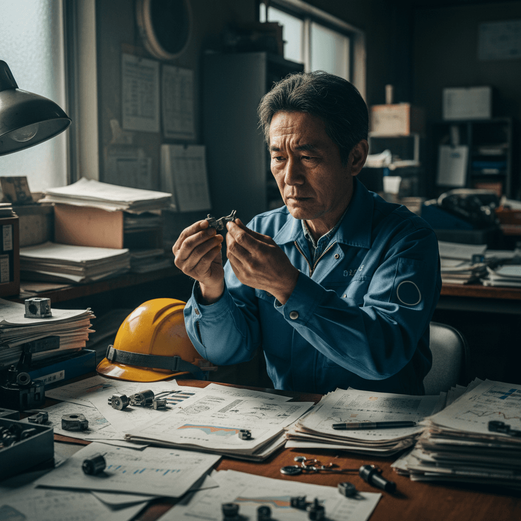 事務所のテーブル。不良品サンプルと紙の品質記録を並べて、原因を追究しようとしている。