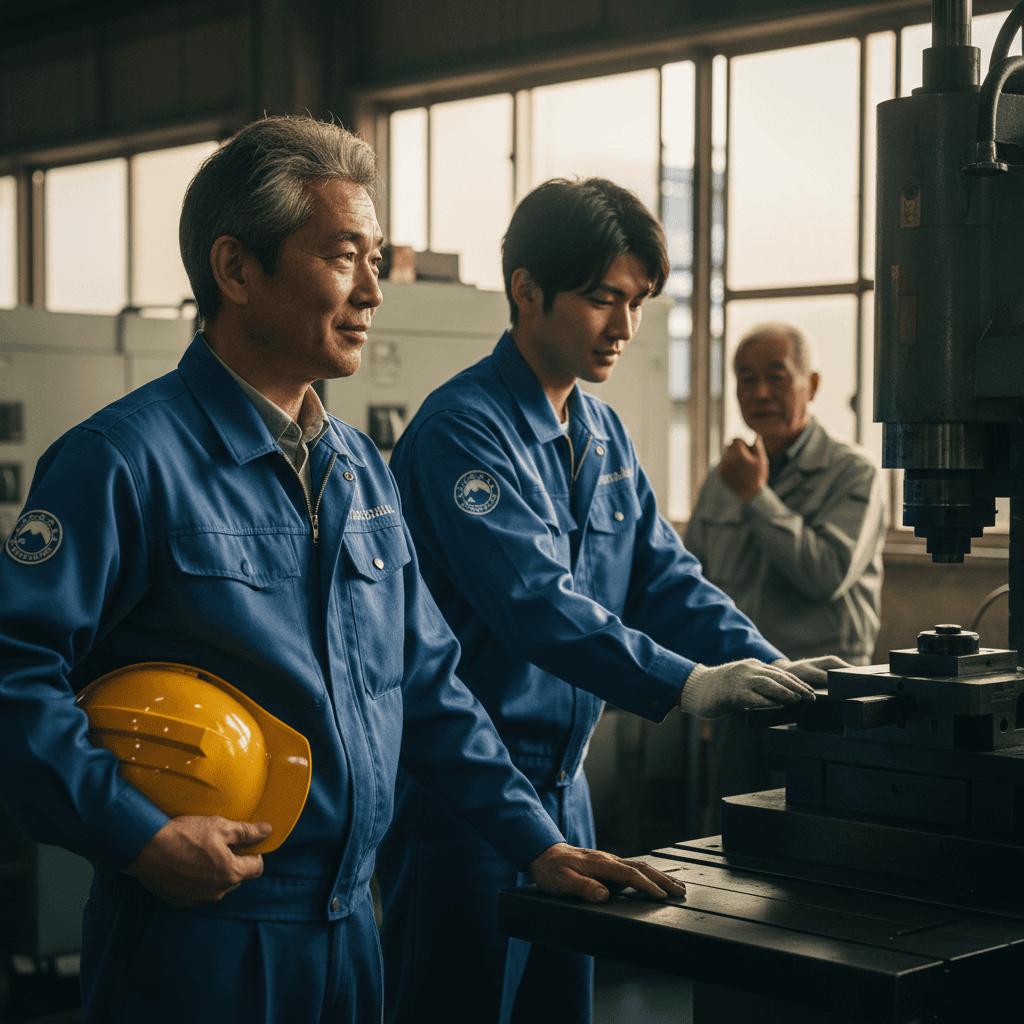 昼下がりの工場。ベテランと若手が並んで機械を見ながら談笑している。