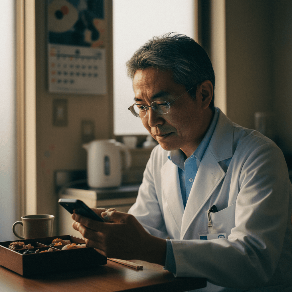 昼休み、休憩室で半分食べた弁当の前、院長がスマホでNewBeginningsのページを見つめている。
