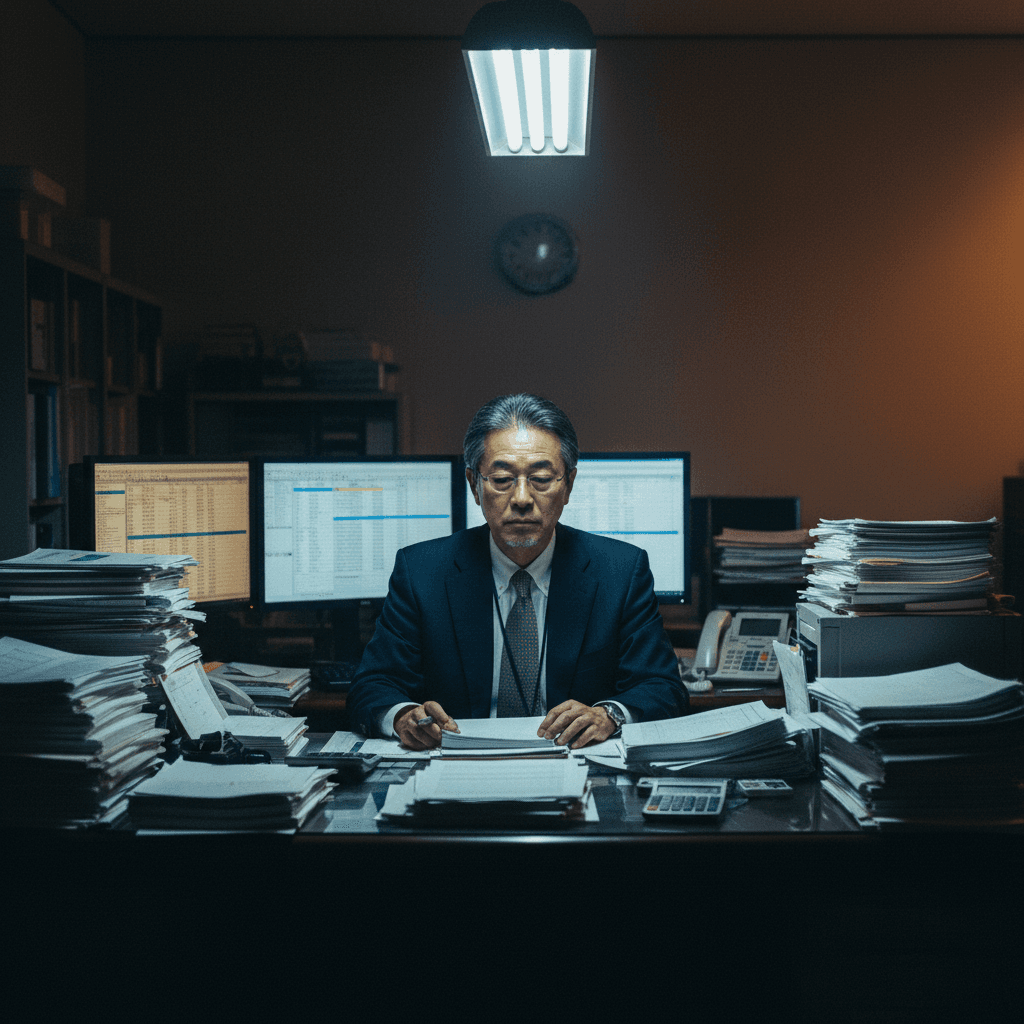 確定申告期、夜23時の事務所。書類とPC画面に囲まれて佐藤先生が一人残っている。