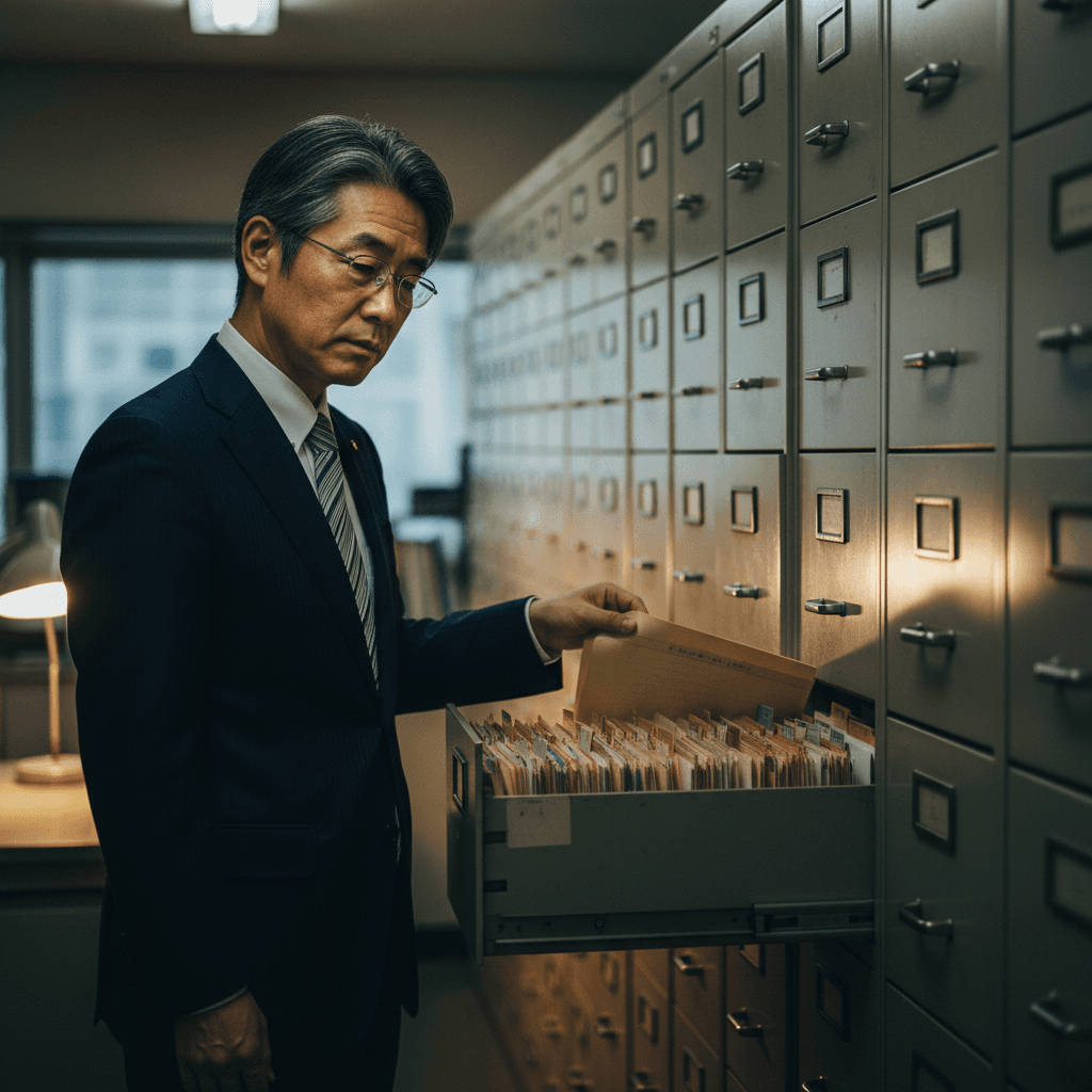 事務所の壁面ファイルキャビネットの前。引き出しを開けて佐藤先生が探し物をしている。