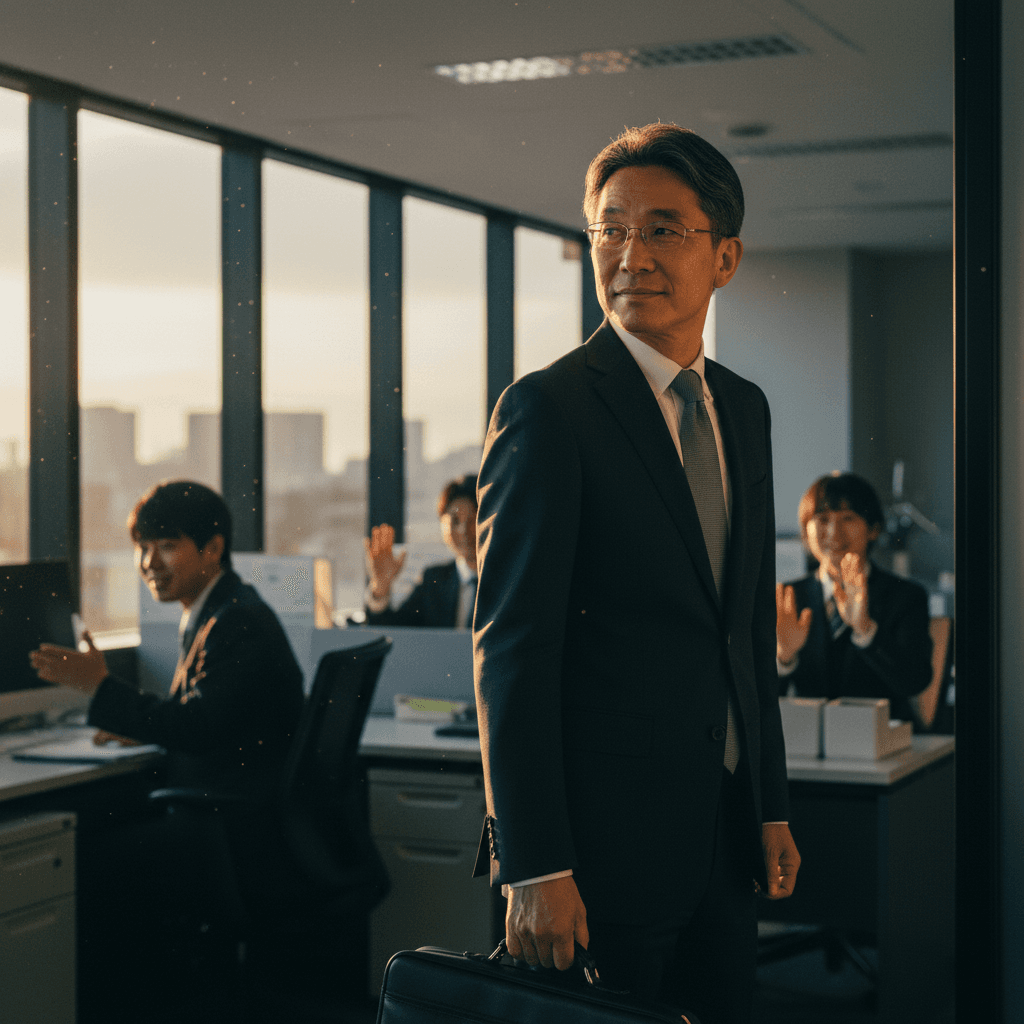 夜19時、佐藤先生が定時で事務所を出る。若手スタッフも笑顔で見送る。