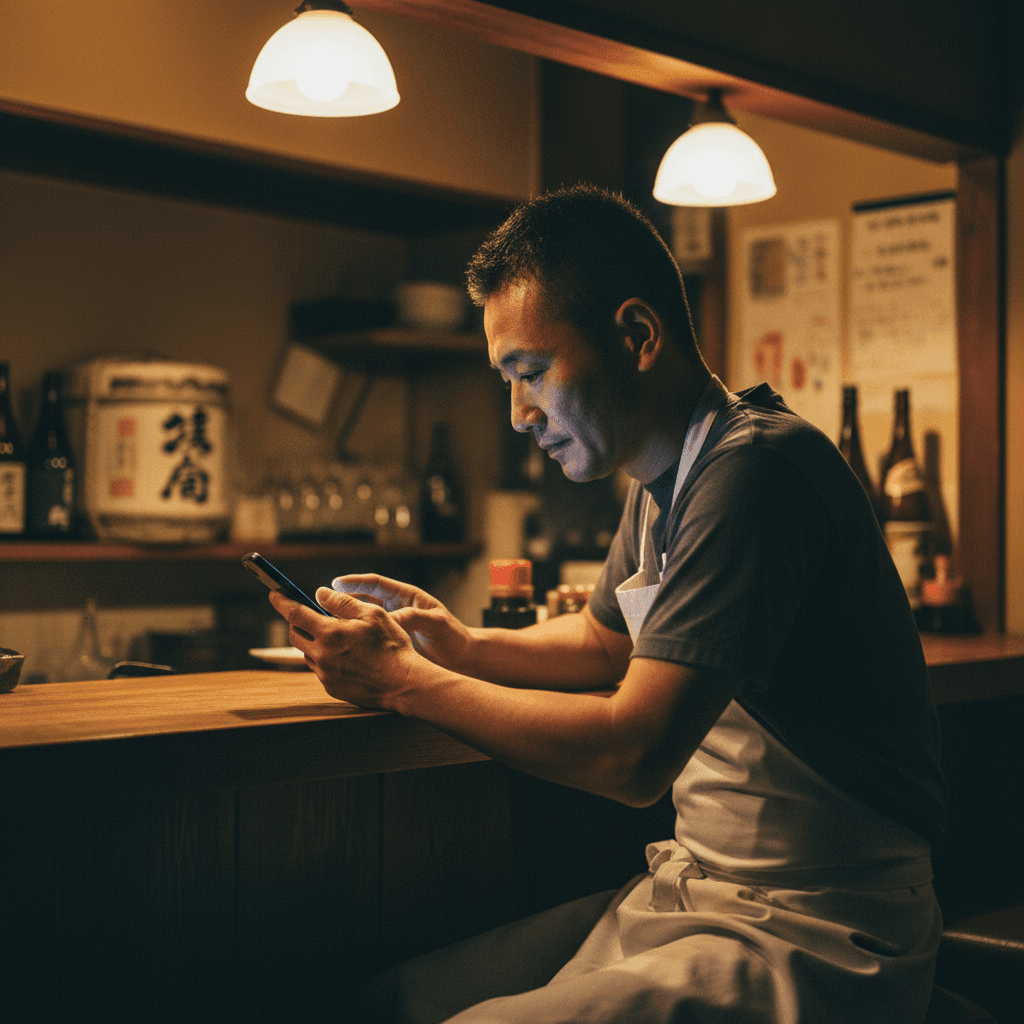 深夜1時、閉店後のカウンターでスマホで Google 口コミに返信を書いている。眠そうな表情。