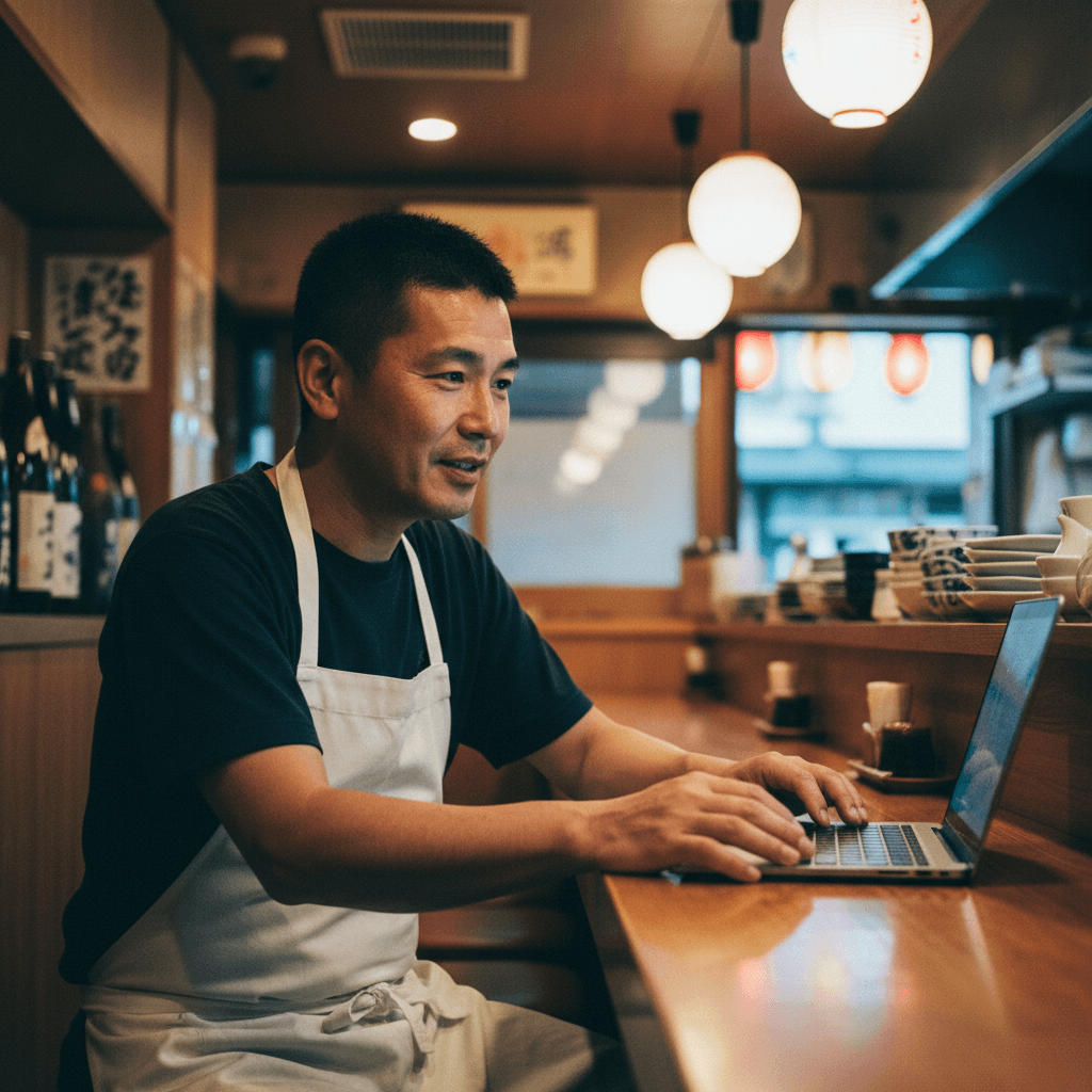 夕方の開店前、空の店内のカウンター席でラップトップを見ている。提灯がほんのり灯る。