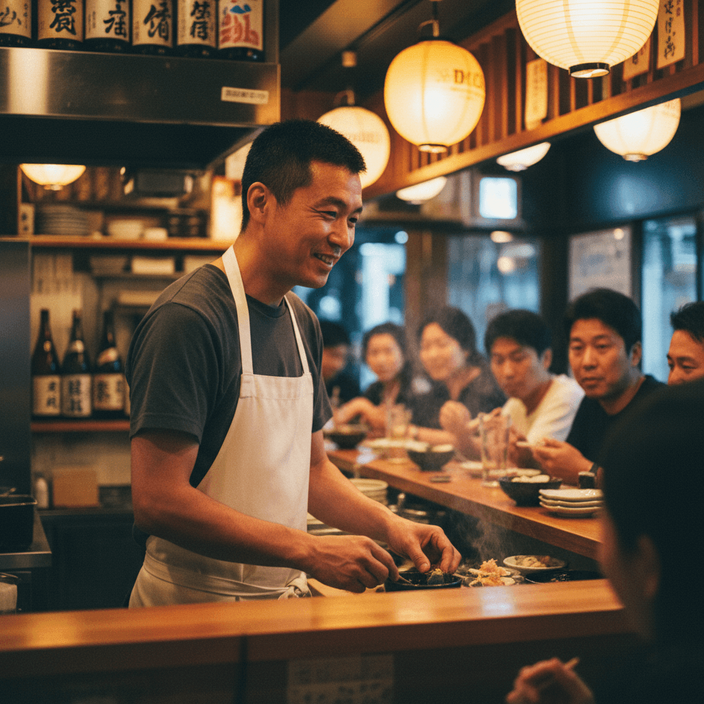 夜、満席だが落ち着いた店内。店主がカウンターで料理を仕上げ、常連客と笑顔で会話している。