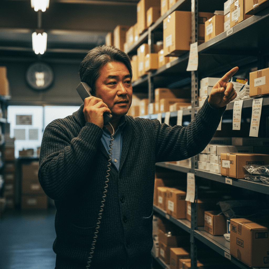 電話を持ったまま、倉庫の棚の前に立ち、在庫を目で確認している。