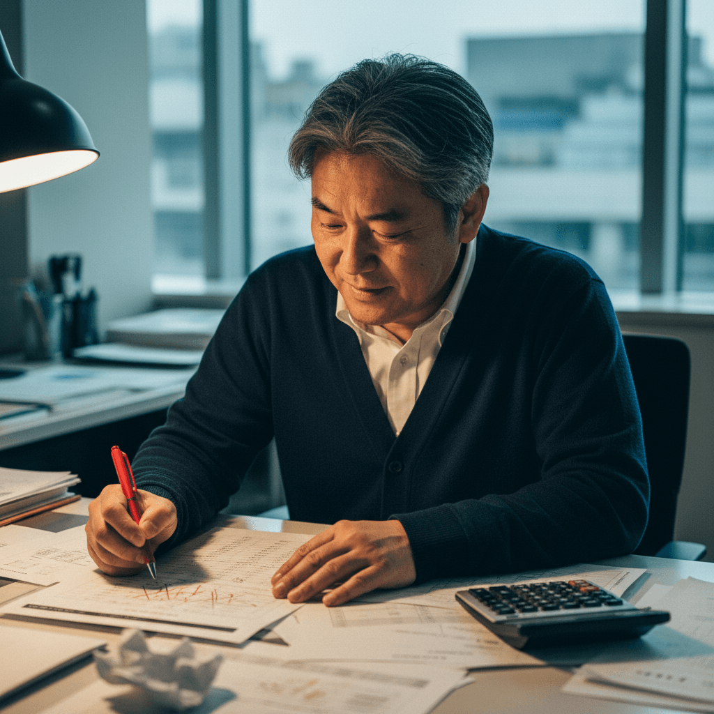 事務所のデスクで、紙の価格表に赤ペンで書き込みをしている。電卓と複数の見積もり下書き。