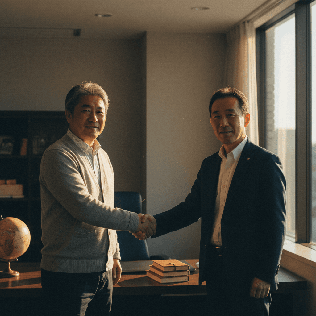 昼下がりの事務所で、長年の取引先である50代の社長と握手をしている。