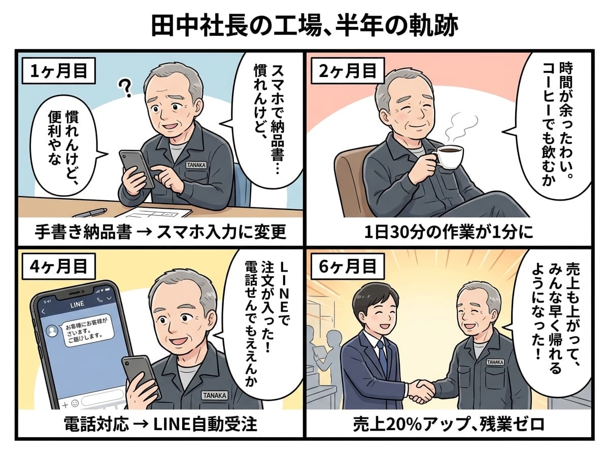 田中社長の工場、半年の軌跡 - 時系列4コマ