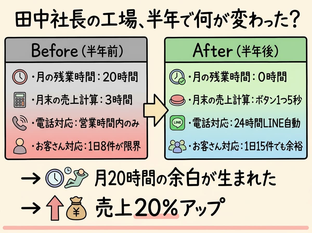 Before/After: 月20時間残業→0、売上20%アップ