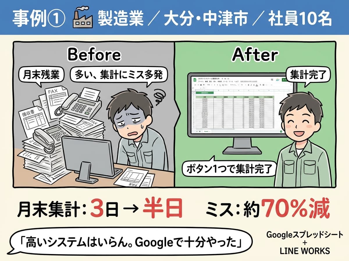 事例① 製造業: 月末集計3日→半日、ミス約70%減