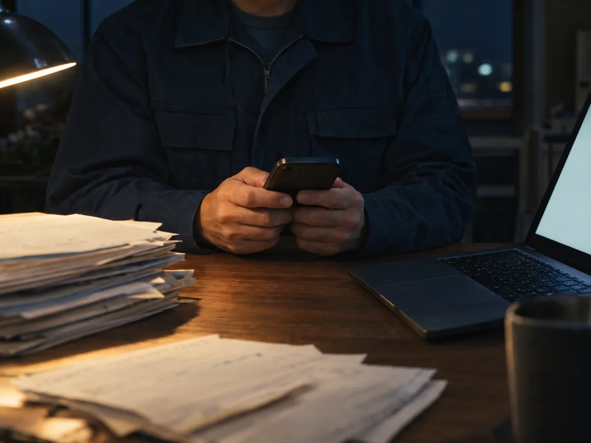 夜の事務所で、紙の請求書の束とノートPCを前にスマートフォンを操作する、紺の作業着の手元