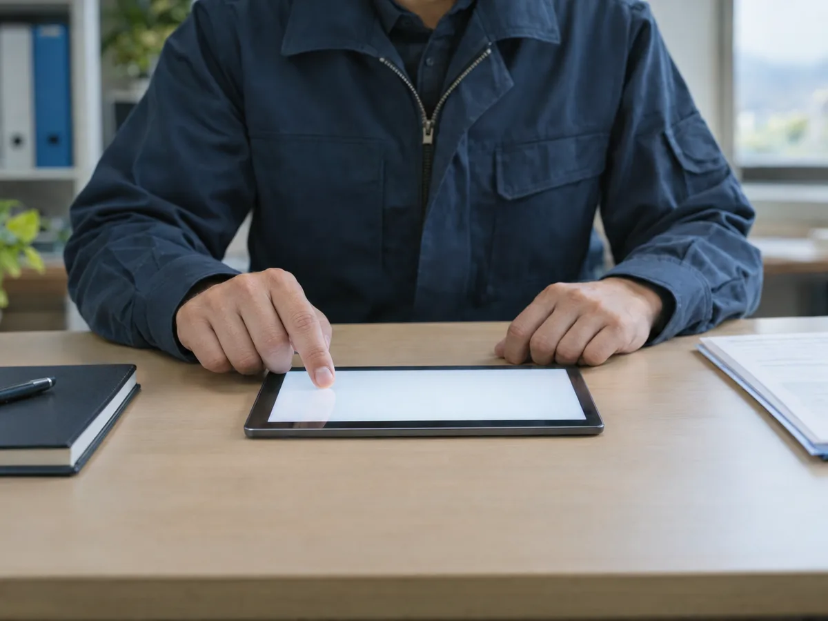 明るい事務所で、机に置いたタブレットの画面に指で触れる手元
