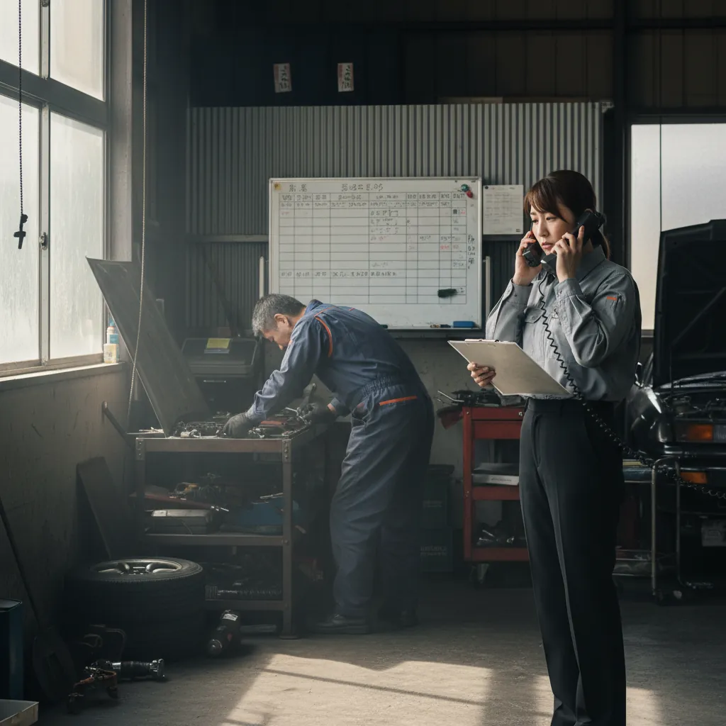 朝の整備工場、紙の受付表とホワイトボードを前にフロントが部品商に電話、整備士はボンネットの下