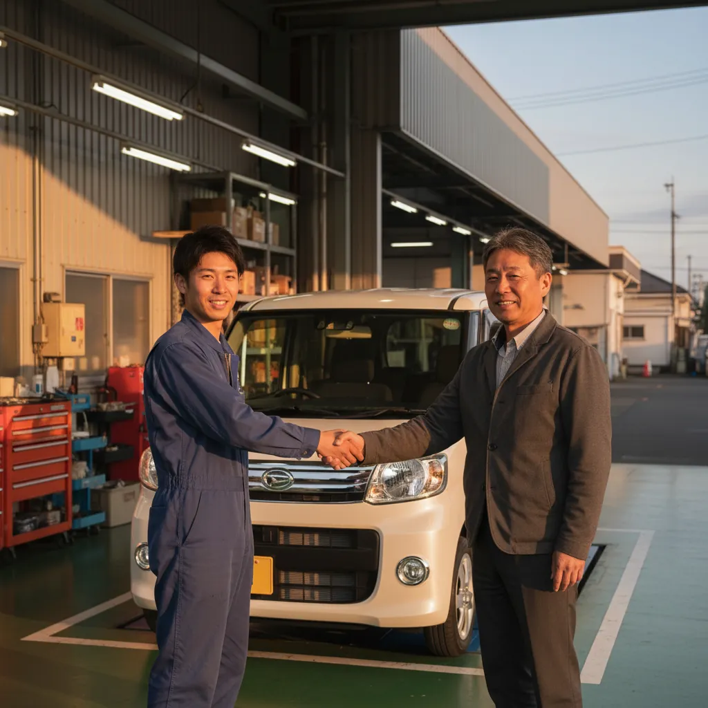 夕方、整備士がお客様に車のキーを渡し、お客様が笑顔で握手する納車エリア