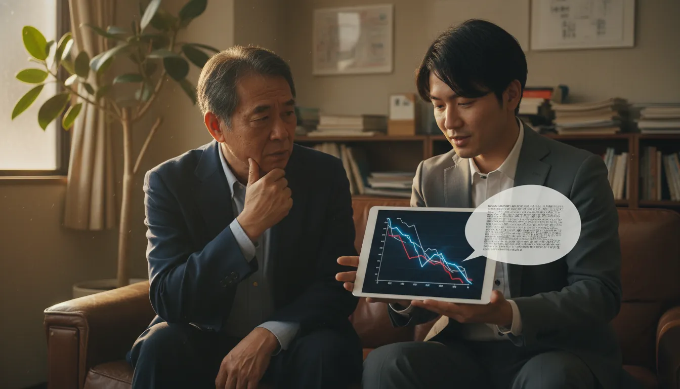 顧問先の社長室で iPad の経営アラートを見せる税理士