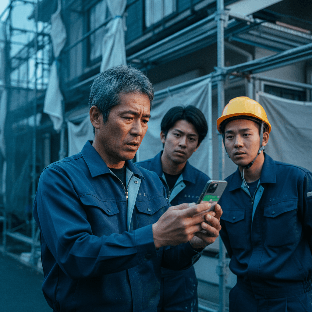 グループLINEに「明日、材料の搬入1時間早めて」と流れる。