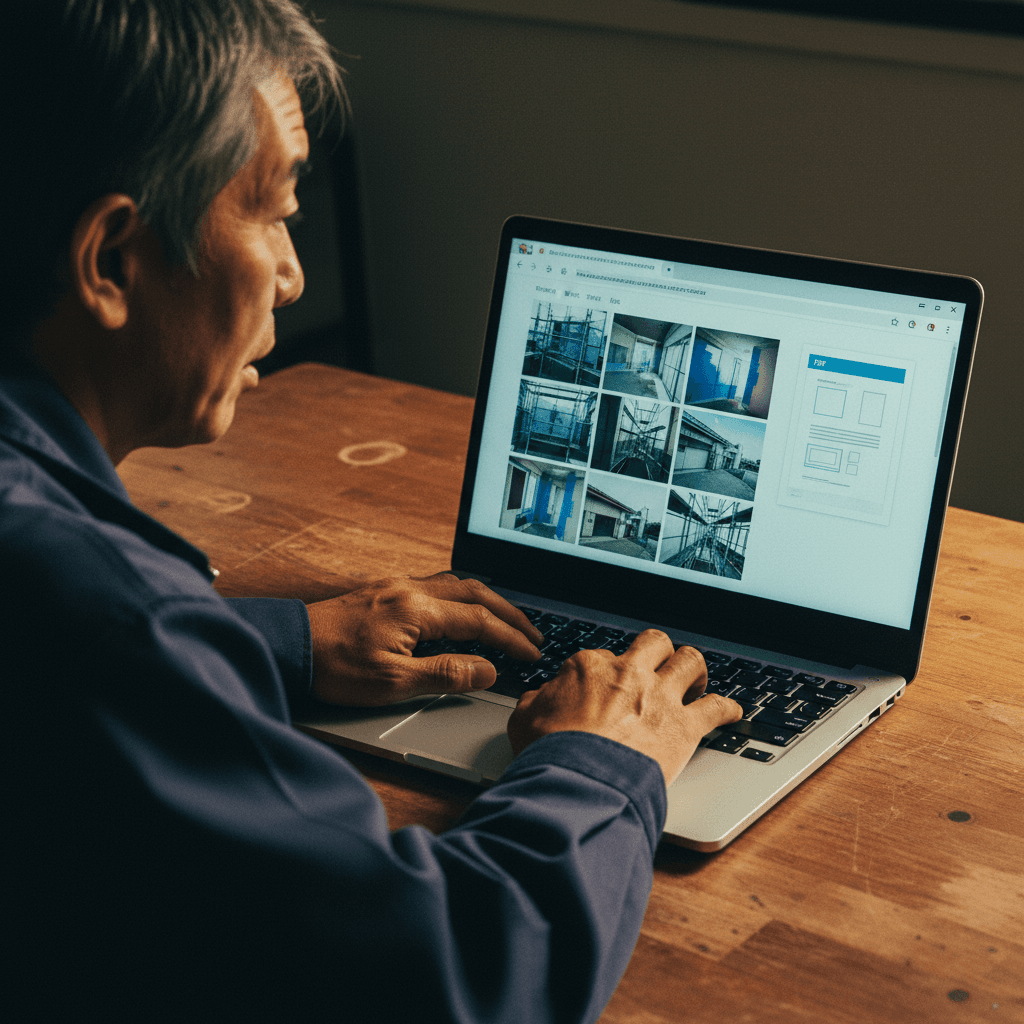 画面上で、写真の山が時系列に並び、PDFが3秒で出来上がる。