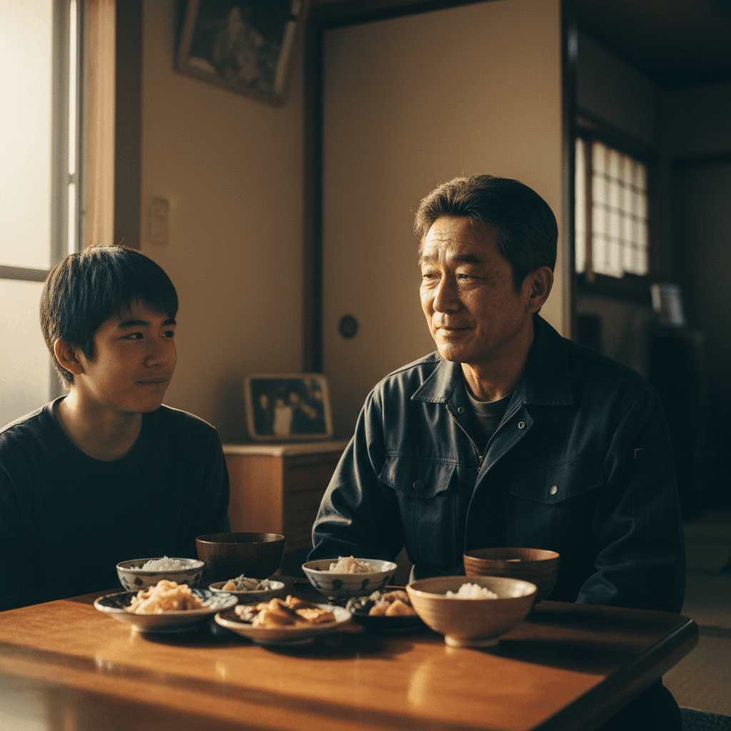 夜19時、定時で家路につく田島さん。久しぶりに息子と夕食。
