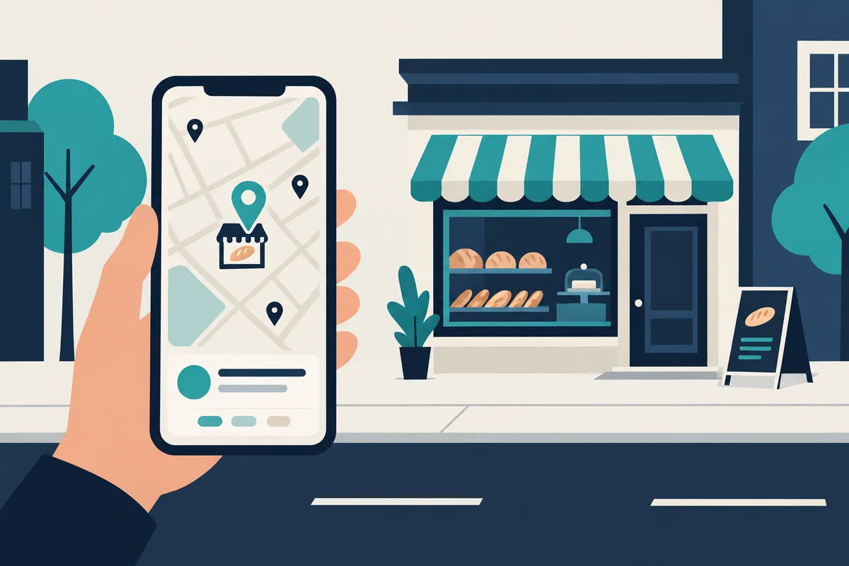 お客様がスマートフォンの地図で、近くのパン屋を探している場面の絵