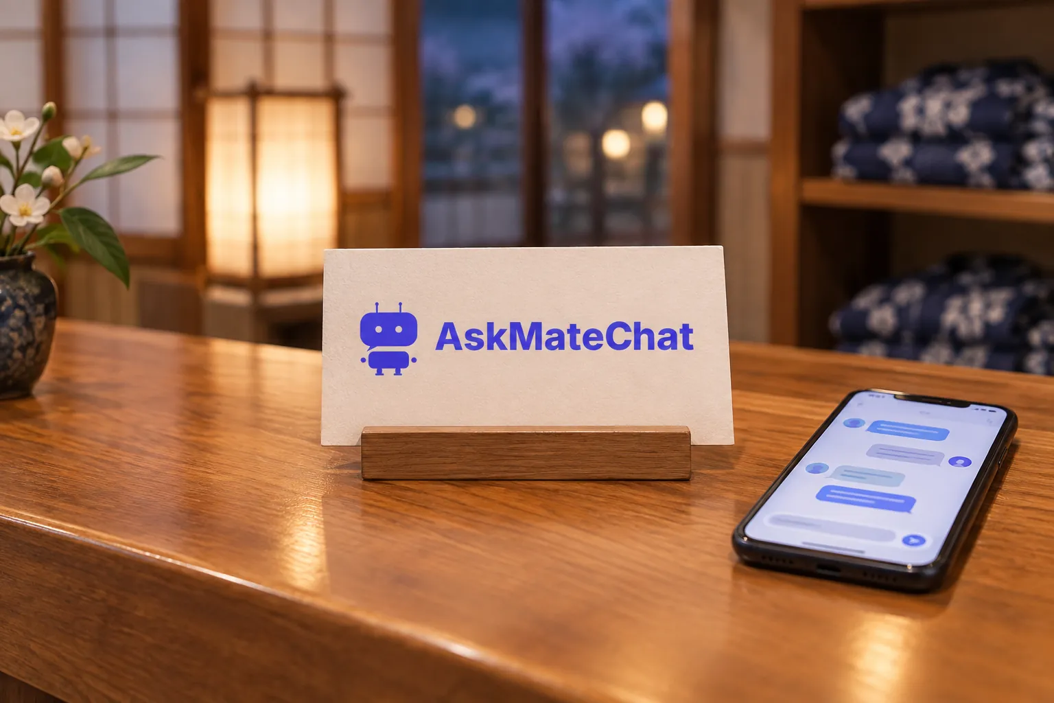 旅館のフロントのカウンターに置いた、AskMateChatのロゴのカードとスマートフォン