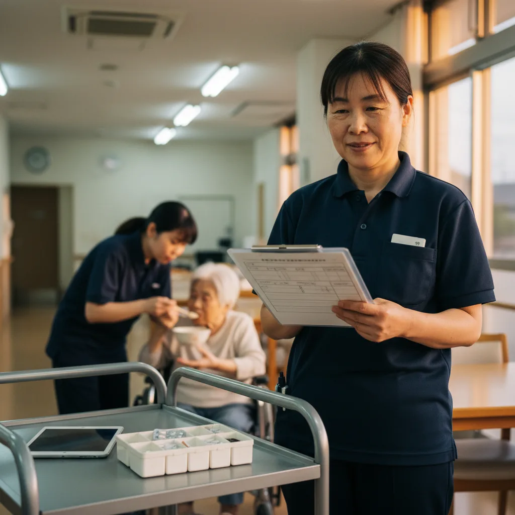 夕方の食堂で、紙の介護記録を持ちながら別の利用者の食事介助を見守る介護職員