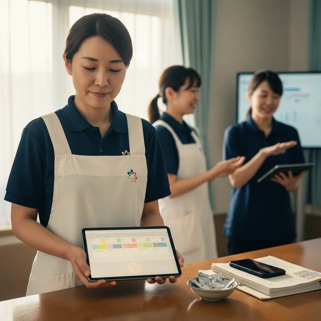 主任がタブレットで介護記録タイムラインの「記録に反映」ボタンを1タップで押す瞬間