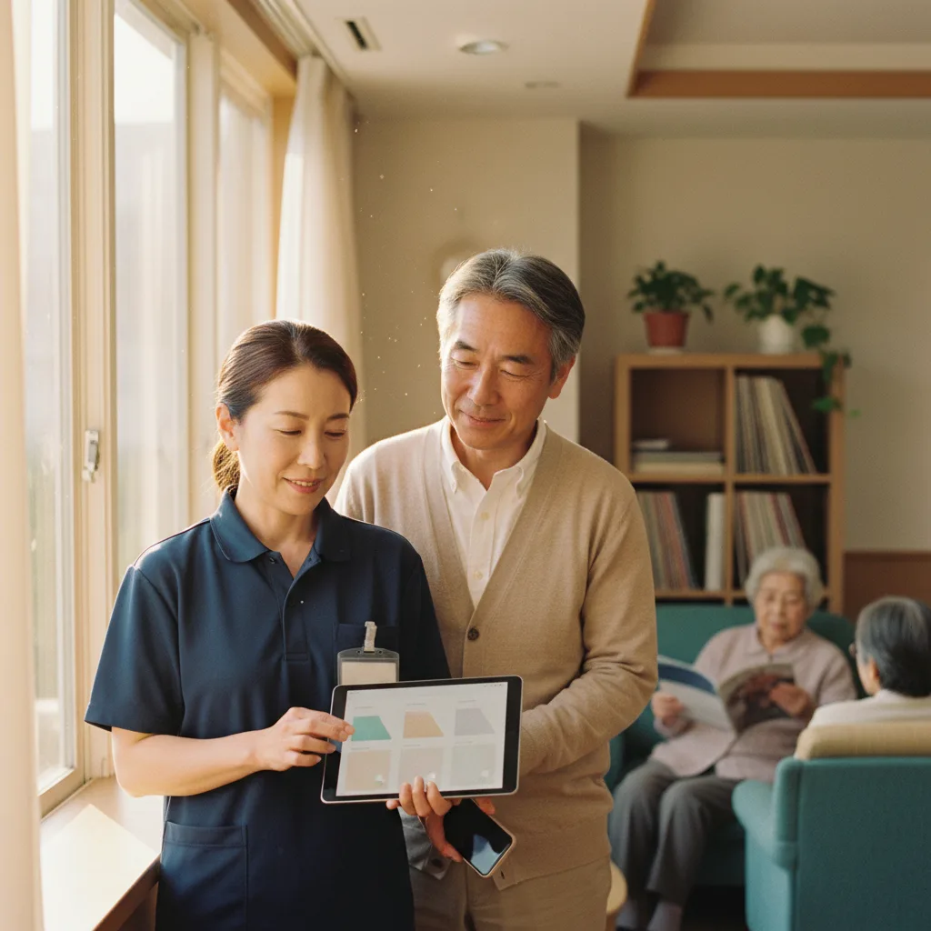 朝の談話室で、施設長と介護職員がタブレットを確認し、奥で利用者が穏やかに過ごす