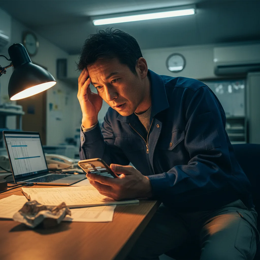 夜の事務所で、スマホのLINEとノートPCのスプレッドシートを見比べながら頭を抱える工務店経営者