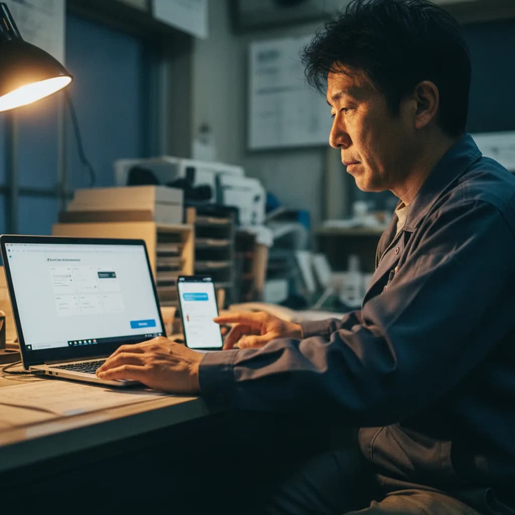 ノートPCの案件管理ダッシュボードとスマホのチャット画面を1タップで連携させる経営者の手元