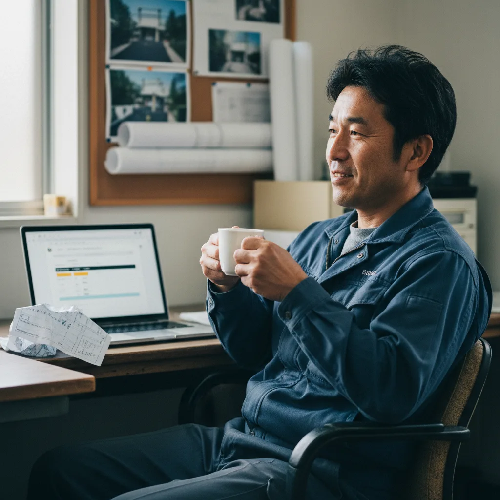 朝の事務所でコーヒーを飲みながら、追加項目が反映された請求書サマリ画面を見て安堵する経営者