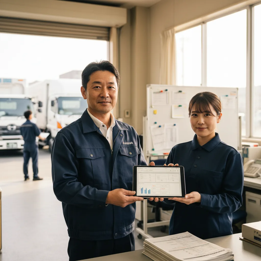 朝の運行管理室で、配車担当者と運行管理者がモニタの配車ダッシュボードを確認、奥でドライバーが出発前点検