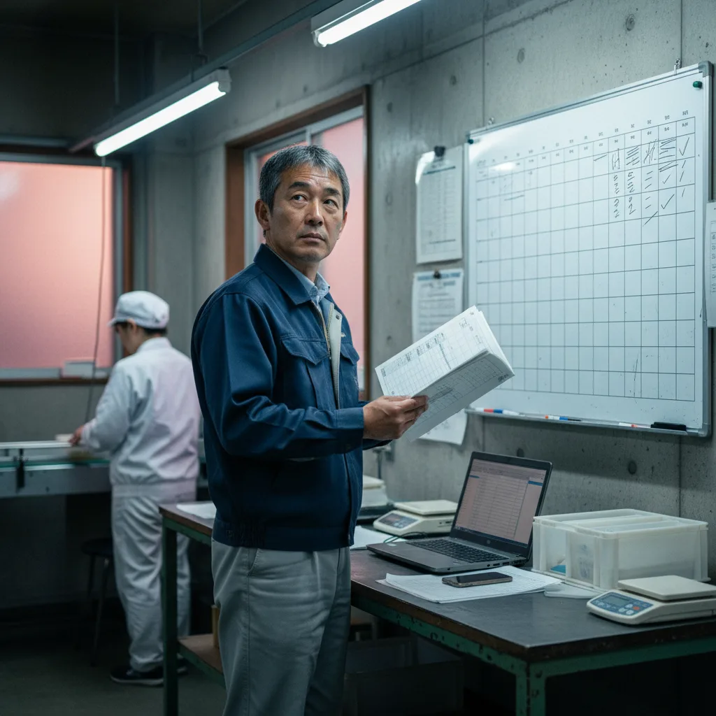 夕方の工場、紙の日報とホワイトボードの在庫数を見比べる工場長と、奥でラインを片付ける白衣のスタッフ