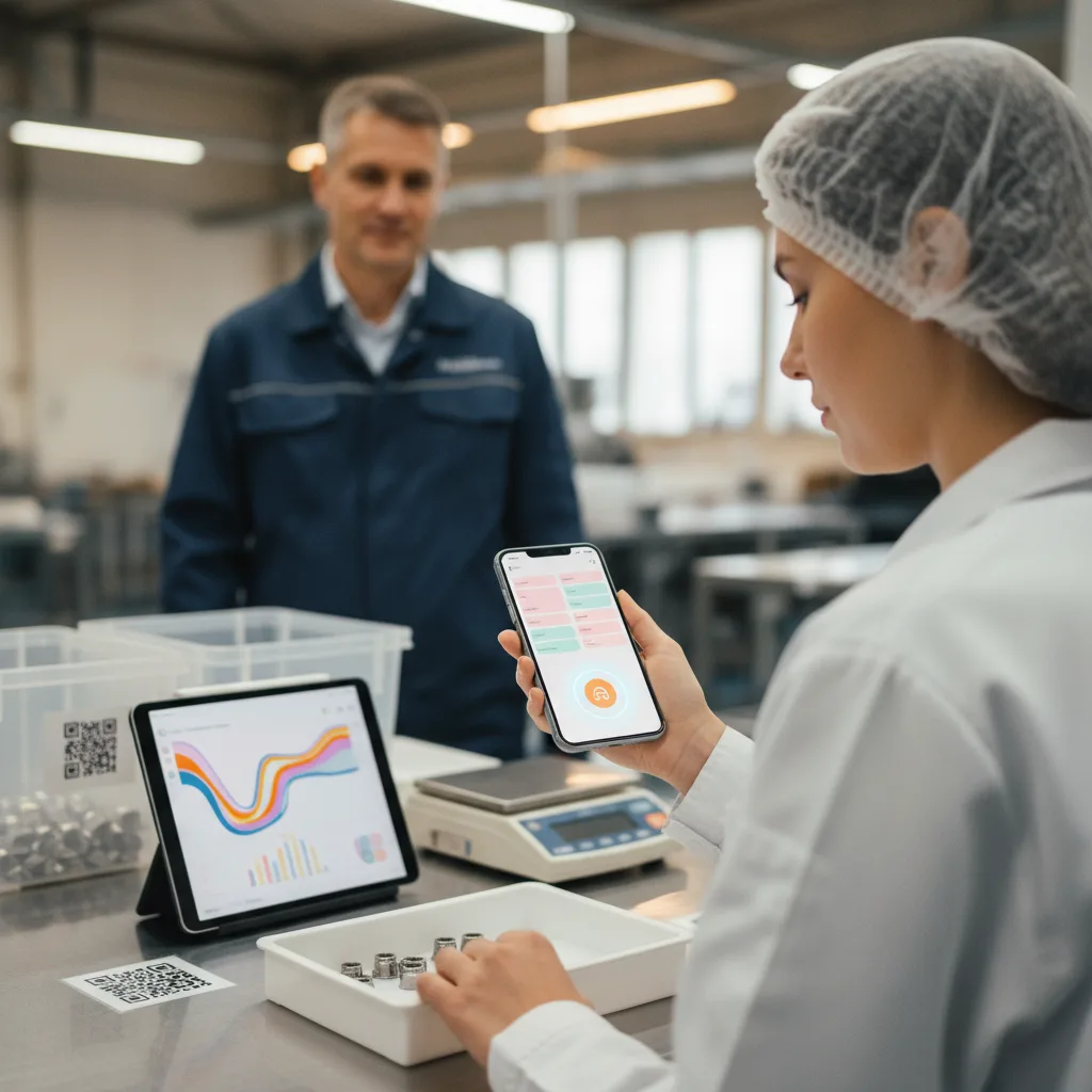 製造現場でスマホの記録ボタンを1タップで押す女性リーダーと、後ろで見守る工場長