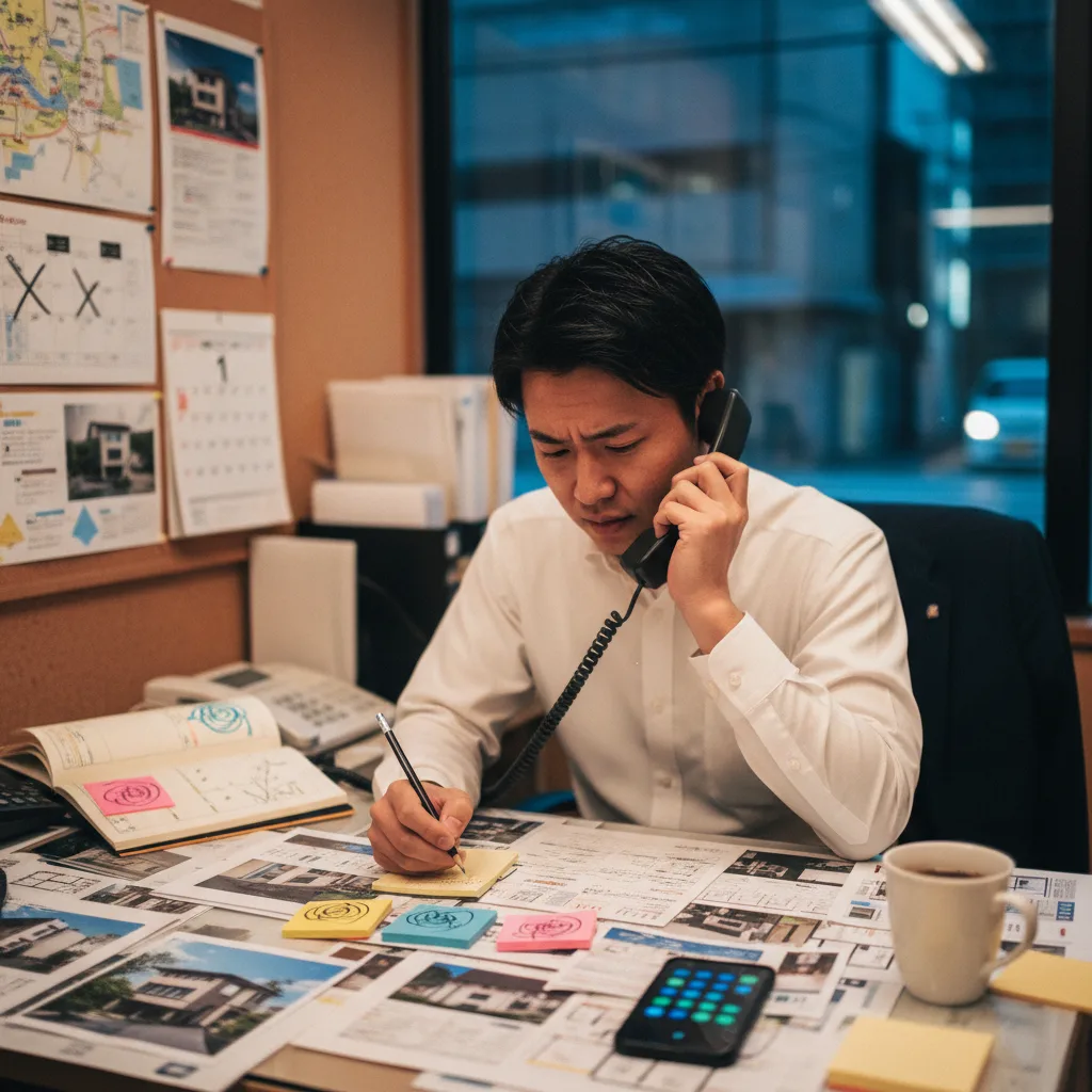 夜の不動産店舗で電話を肩に挟みながら手書きメモに走り書きする若手営業、机にチラシと付箋が散乱