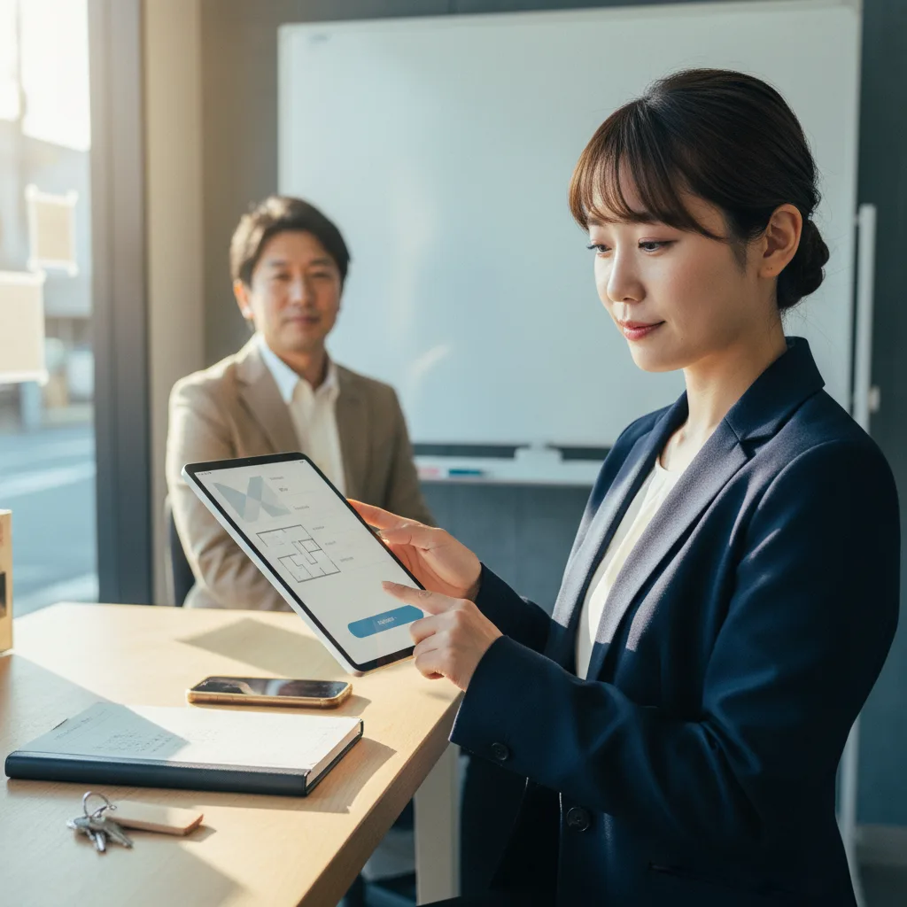 カウンターでタブレットの物件カードから「内見予約を確定する」ボタンを 1タップで押す女性営業