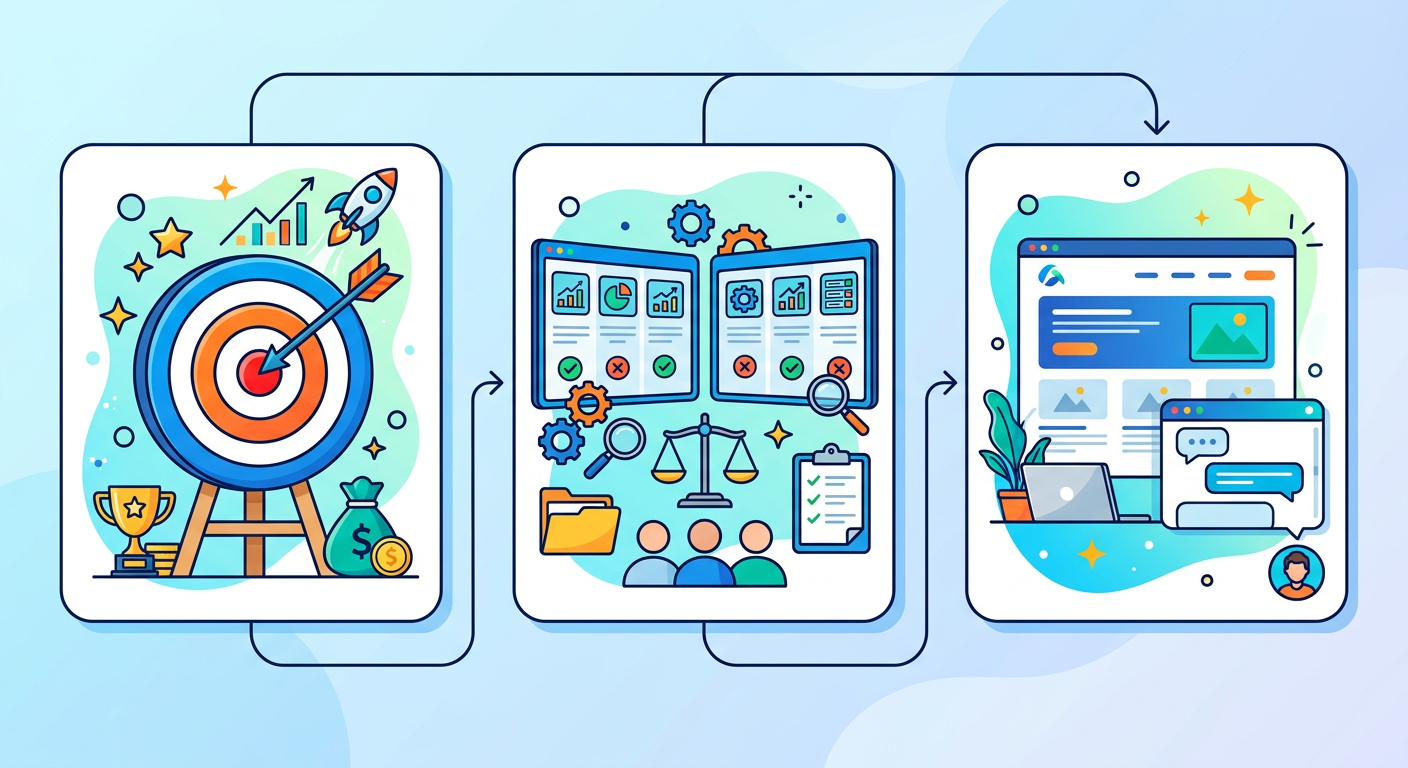 チャットボット導入の3ステップ:目的を決める → ツールを選ぶ → 設置して改善