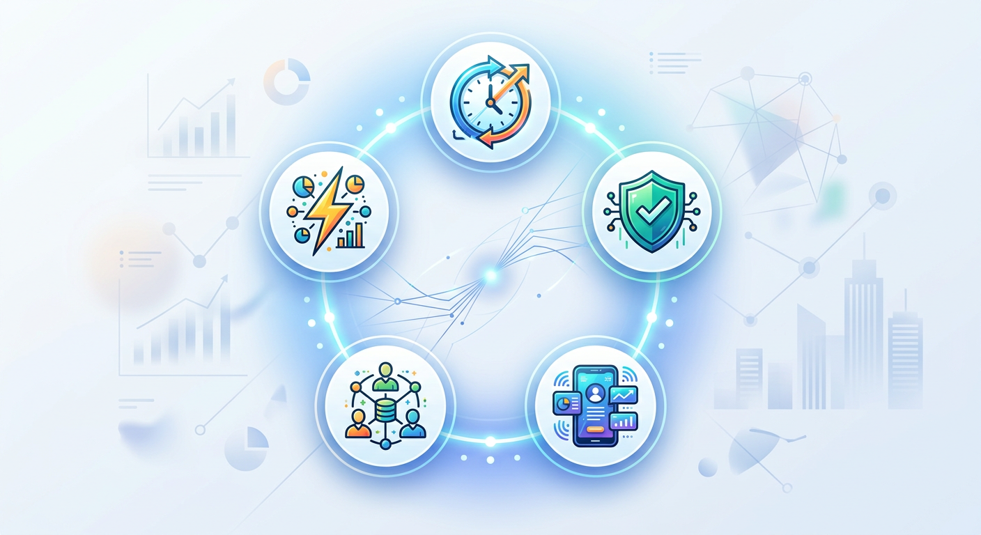 自社専用アプリの5つのメリット:手間削減・ミス防止・どこでもアクセス・情報共有・経営判断の高速化