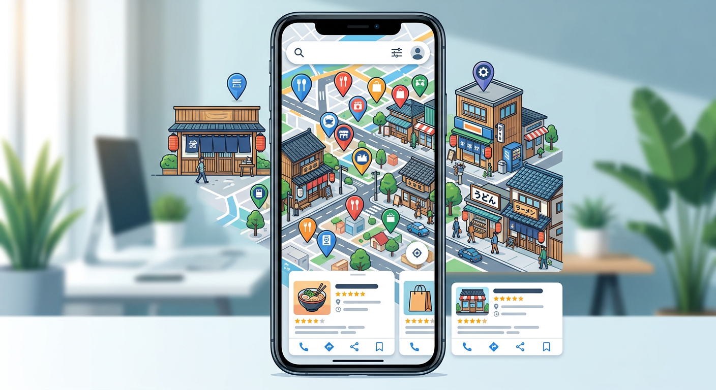 「大分 美容室」で検索した際のGBP表示イメージ。マップの下にお店情報が並ぶ