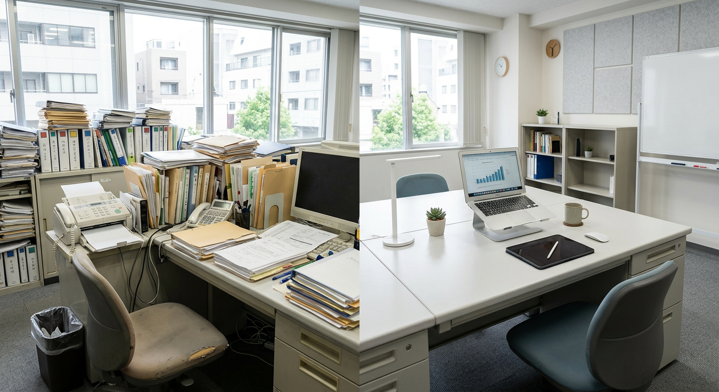 紙の山からスッキリしたデスクへ