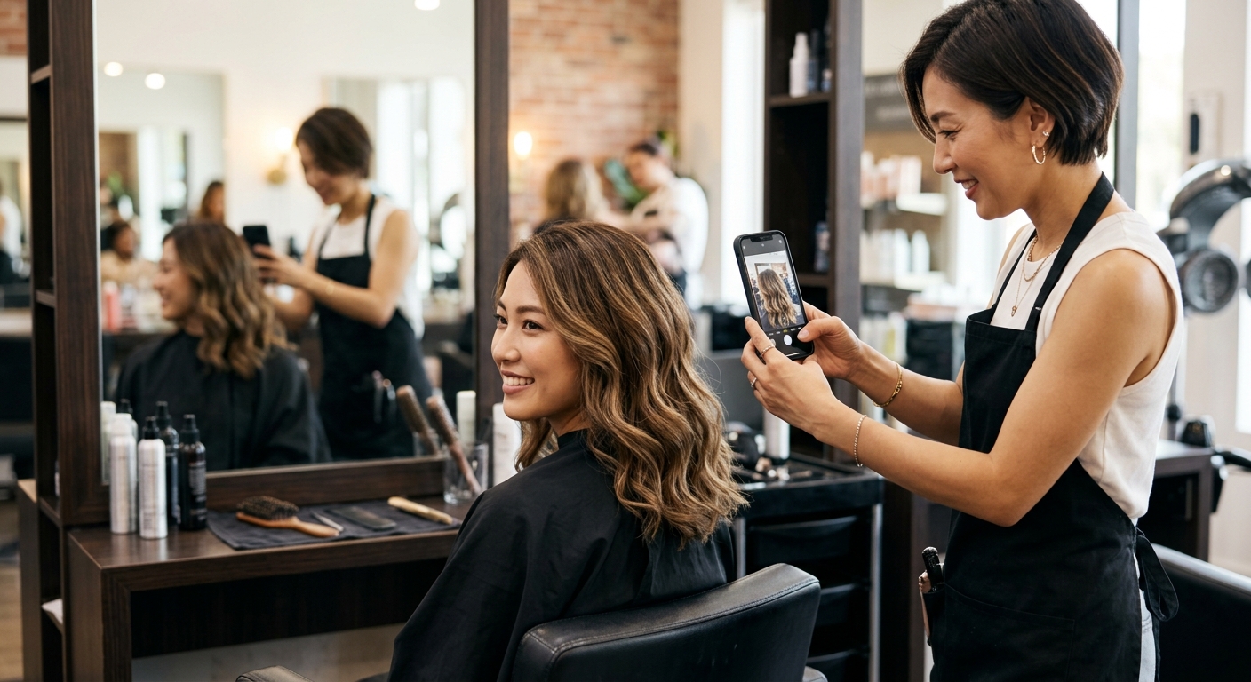 美容師がヘアスタイルを撮影