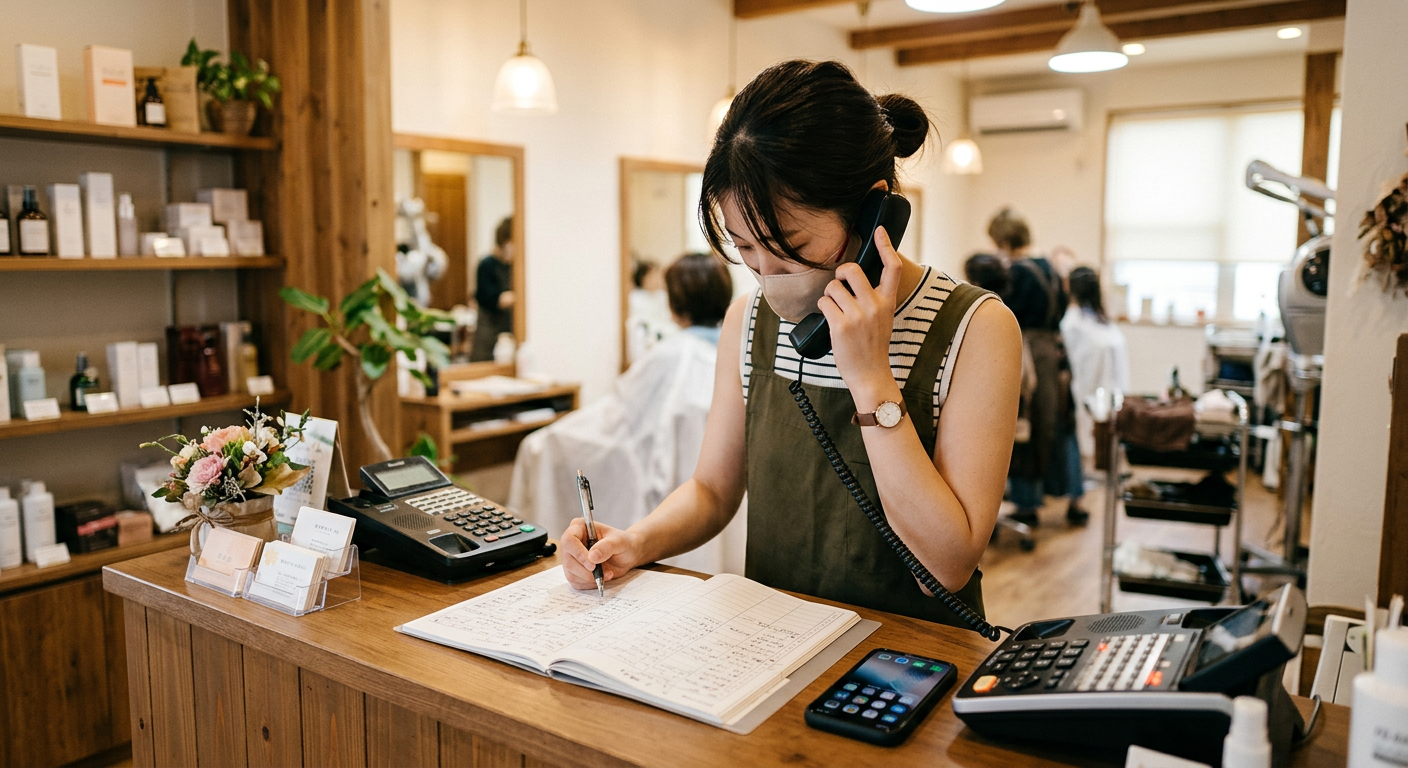 電話予約に追われる受付とスマホ予約の対比
