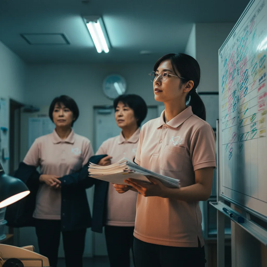 朝、ホワイトボードのシフト表とスタッフへの紙伝達