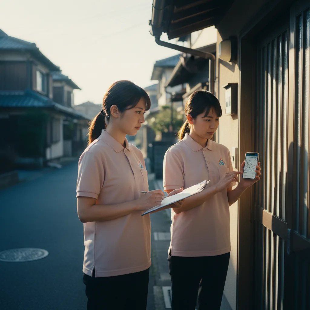 スタッフが訪問先住所を間違える、紙の伝達票で