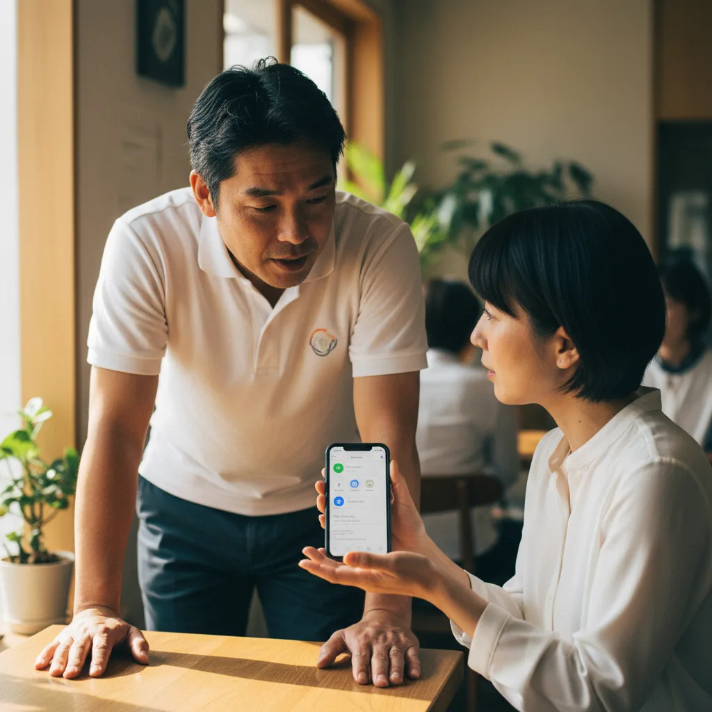 カフェで同業の女性院長からLINE予約システムの話を聞く