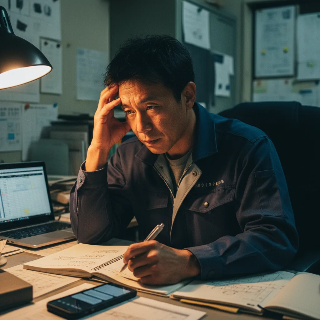 夜の事務所、複数の現場のLINEとExcelの間を行き来する社長